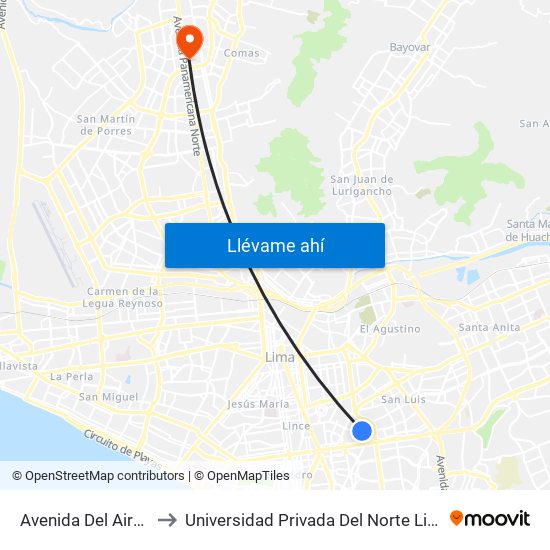 Avenida Del Aire, 601 to Universidad Privada Del Norte Lima Norte map
