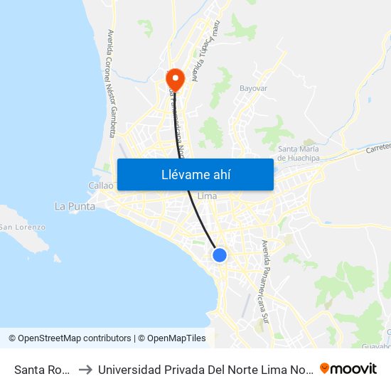 Santa Rosa to Universidad Privada Del Norte Lima Norte map