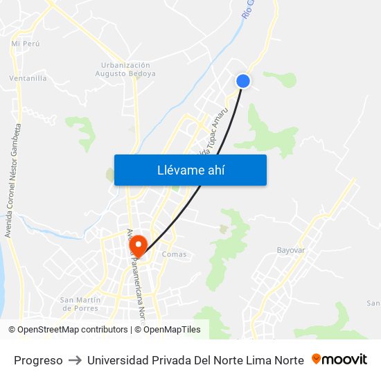 Progreso to Universidad Privada Del Norte Lima Norte map