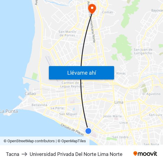 Tacna to Universidad Privada Del Norte Lima Norte map