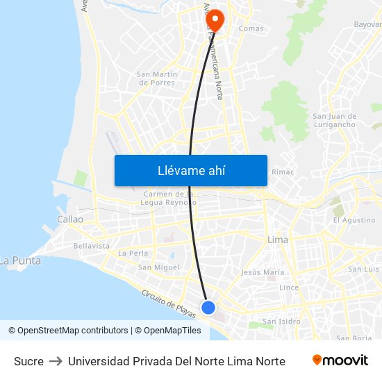 Sucre to Universidad Privada Del Norte Lima Norte map