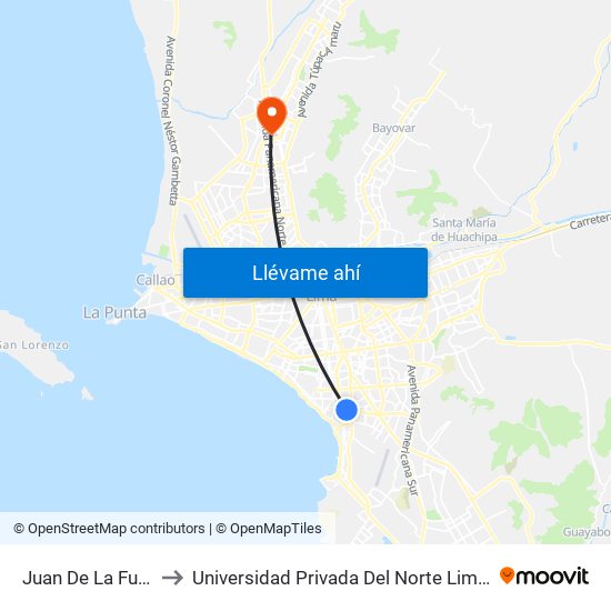 Juan De La Fuente to Universidad Privada Del Norte Lima Norte map