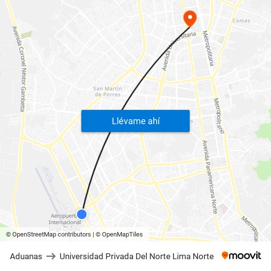 Aduanas to Universidad Privada Del Norte Lima Norte map