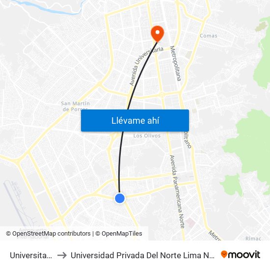 Universitaria to Universidad Privada Del Norte Lima Norte map
