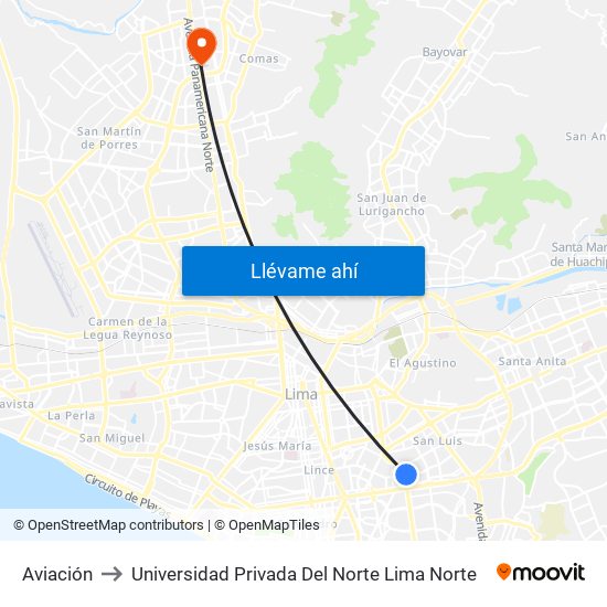 Aviación to Universidad Privada Del Norte Lima Norte map