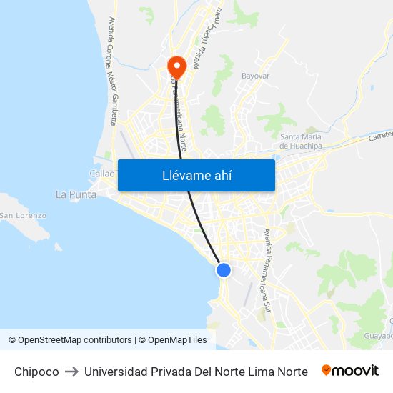 Chipoco to Universidad Privada Del Norte Lima Norte map