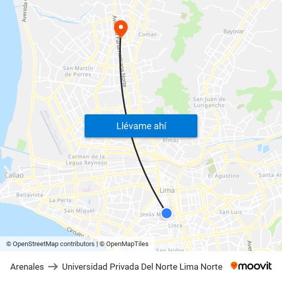 Arenales to Universidad Privada Del Norte Lima Norte map