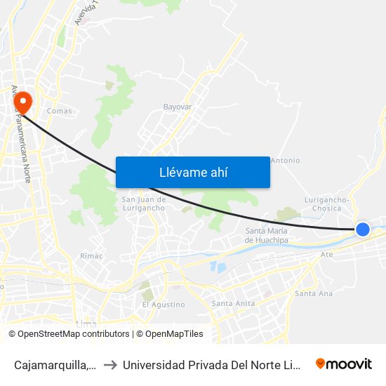 Cajamarquilla, 107 to Universidad Privada Del Norte Lima Norte map
