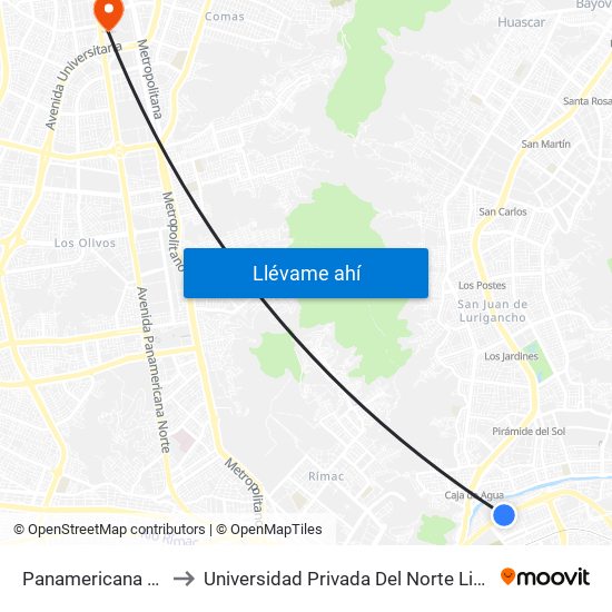 Panamericana Norte to Universidad Privada Del Norte Lima Norte map