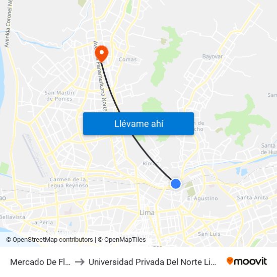 Mercado De Flores to Universidad Privada Del Norte Lima Norte map