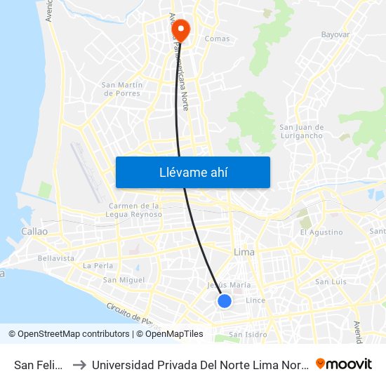 San Felipe to Universidad Privada Del Norte Lima Norte map