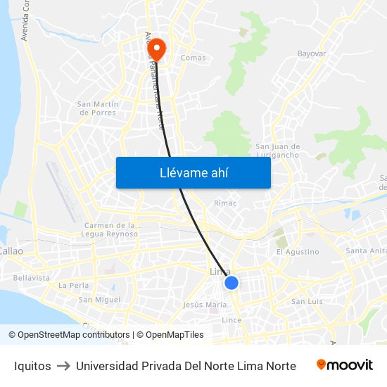 Iquitos to Universidad Privada Del Norte Lima Norte map