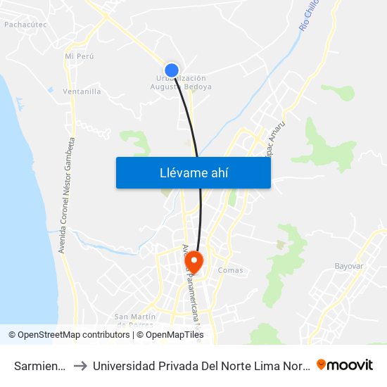 Sarmiento to Universidad Privada Del Norte Lima Norte map