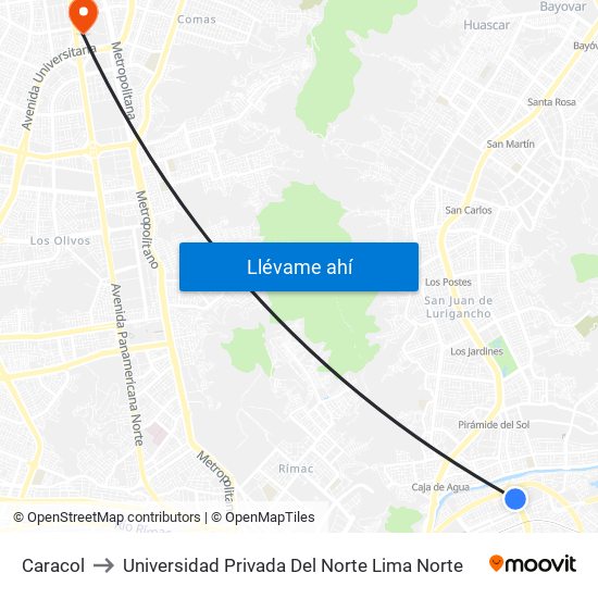 Caracol to Universidad Privada Del Norte Lima Norte map