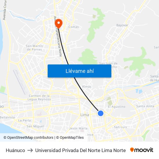 Huánuco to Universidad Privada Del Norte Lima Norte map