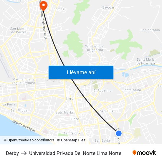 Derby to Universidad Privada Del Norte Lima Norte map