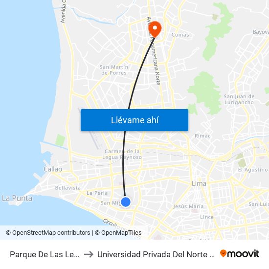 Parque De Las Leyendas to Universidad Privada Del Norte Lima Norte map