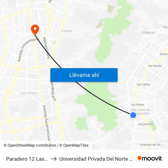 Paradero 12 Las Flores to Universidad Privada Del Norte Lima Norte map