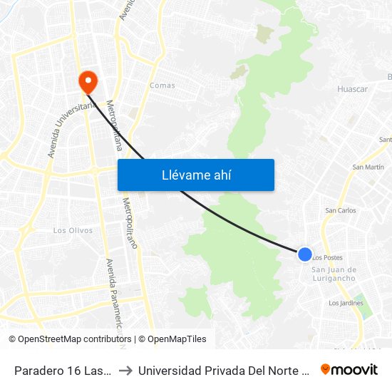 Paradero 16 Las Flores to Universidad Privada Del Norte Lima Norte map