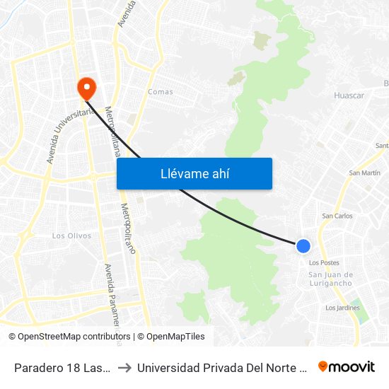 Paradero 18 Las Flores to Universidad Privada Del Norte Lima Norte map