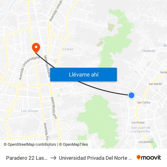 Paradero 22 Las Flores to Universidad Privada Del Norte Lima Norte map