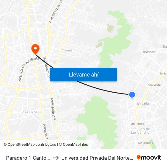 Paradero 1 Canto Grande to Universidad Privada Del Norte Lima Norte map