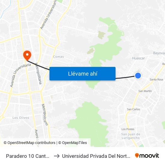Paradero 10 Canto Grande to Universidad Privada Del Norte Lima Norte map