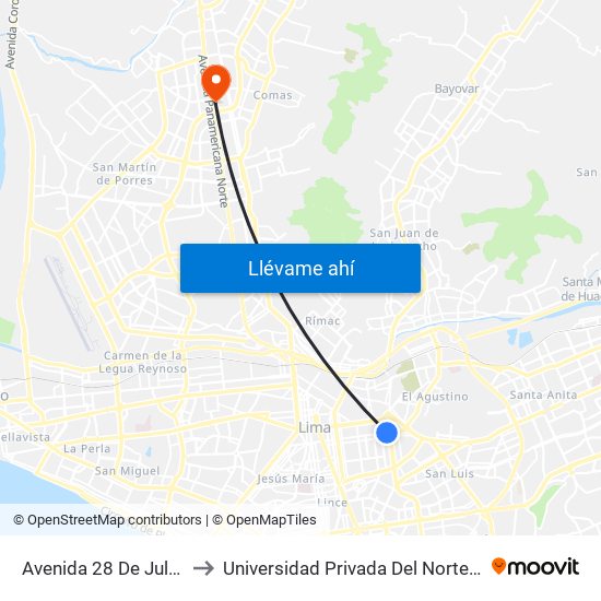 Avenida 28 De Julio, 2715 to Universidad Privada Del Norte Lima Norte map