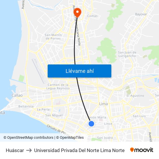Huáscar to Universidad Privada Del Norte Lima Norte map