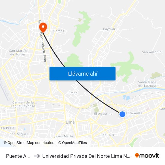 Puente Azul to Universidad Privada Del Norte Lima Norte map