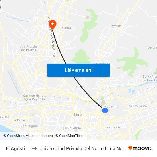 El Agustino to Universidad Privada Del Norte Lima Norte map