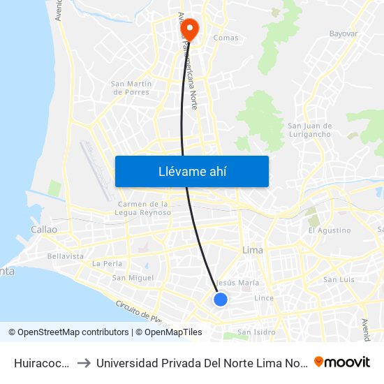 Huiracocha to Universidad Privada Del Norte Lima Norte map