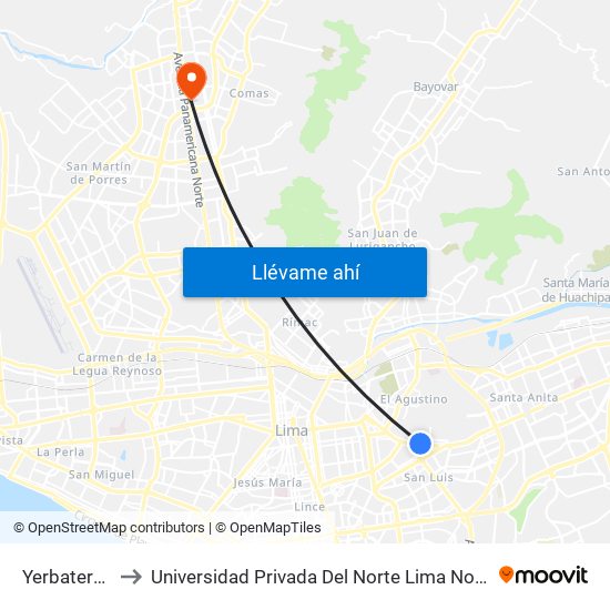 Yerbateros to Universidad Privada Del Norte Lima Norte map