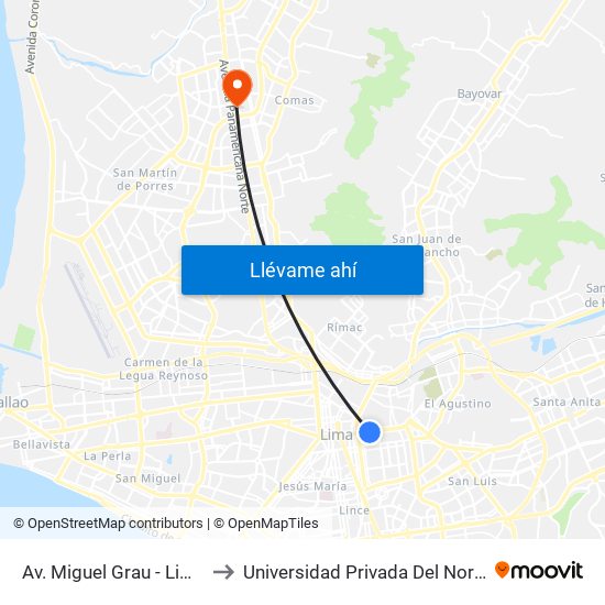 Av. Miguel Grau - Lima Cercado to Universidad Privada Del Norte Lima Norte map