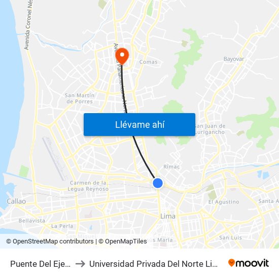 Puente Del Ejercito to Universidad Privada Del Norte Lima Norte map