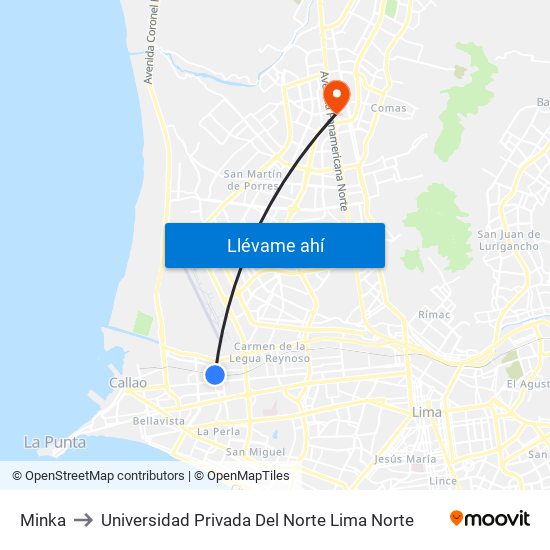 Minka to Universidad Privada Del Norte Lima Norte map