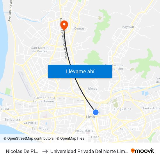 Nicolás De Piérola to Universidad Privada Del Norte Lima Norte map