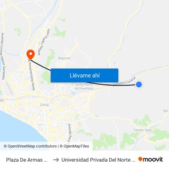 Plaza De Armas Huaycán to Universidad Privada Del Norte Lima Norte map