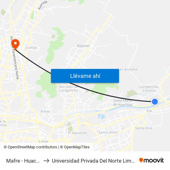 Mafre - Huachipa to Universidad Privada Del Norte Lima Norte map