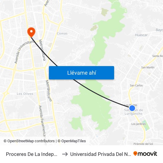 Proceres De La Independencia, 2041 to Universidad Privada Del Norte Lima Norte map