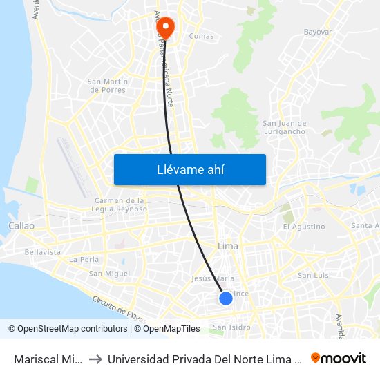 Mariscal Miller to Universidad Privada Del Norte Lima Norte map