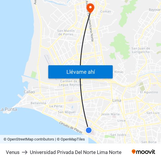 Venus to Universidad Privada Del Norte Lima Norte map