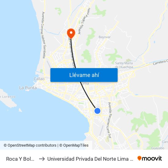 Roca Y Boloña to Universidad Privada Del Norte Lima Norte map