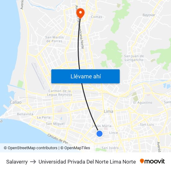 Salaverry to Universidad Privada Del Norte Lima Norte map