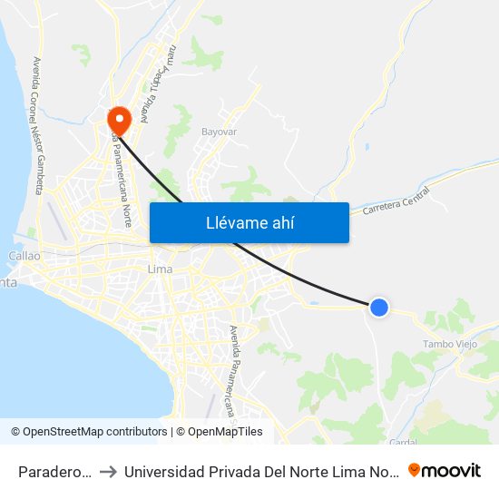 Paradero 1 to Universidad Privada Del Norte Lima Norte map