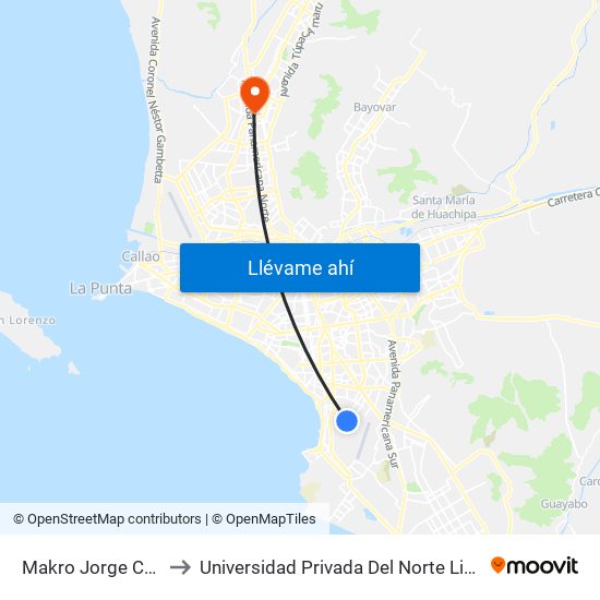 Makro Jorge Chavez to Universidad Privada Del Norte Lima Norte map