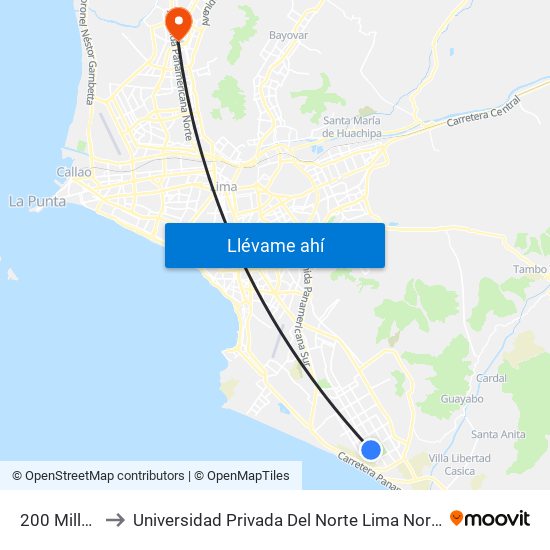 200 Millas to Universidad Privada Del Norte Lima Norte map