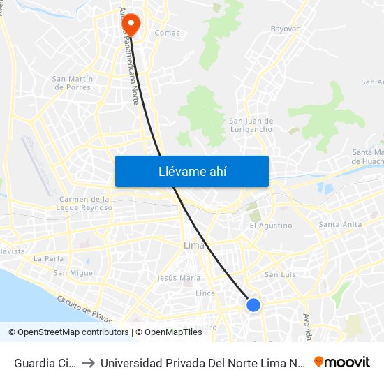 Guardia Civil to Universidad Privada Del Norte Lima Norte map