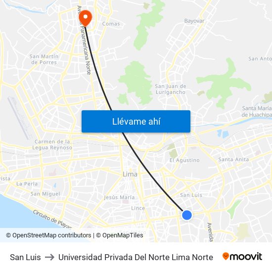 San Luis to Universidad Privada Del Norte Lima Norte map