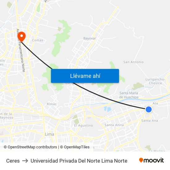 Ceres to Universidad Privada Del Norte Lima Norte map